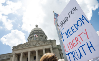 image of protest in front of captial building 